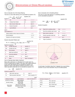 ­­­­­­­­­­­14 
Specifications of Cross Roller bearing 
Ø 
Oscillating Angle 
How to Calculate Life of the Output Bearing 
The life of a cross roller bearing can be calculated by equation (13). 
equation (13) 
L 10 = 106 x ( C )10/3 
60xNav fw.Pc 
List 3 
Dynamic Equivalent Radial Load 
equation (14) 
Pc = X . ( 2 (Frav ( Lr + R ) + Faav . La) ) + Y . Faav 
dp 
Symbol of equation 
How to Calculate Static Safety Coefficient 
Basic static rated load is an allowable limit for static load, but 
its limit is determined by usage. In this case, static safety coefficient 
of the cross roller bearing can be calculated by equation (15). 
Reference values under general conditions are shown on list 4. 
Static equivalent radial load can be calculated by equation (15) 
equation fs = Co (15) 
Po 
list 4 
Sold  Serviced By: 
How to Calculate Life for Oscillating Motion 
The Life of a cross roller bearing in a oscillating operation 
can be calculated by equation 9 
equation (16) 
Loc = 106 x 90 x ( C )10/3 
60xn1 Ø fw.Pc 
Symbol of equation 
A small angle of oscillation (less than 5 degrees) may cause fretting 
corrosion to occur since lubrication may not circulate properly. 
equation (17) Po = Frmax + 2Mmax + 0.44. Famax 
dp 
Equation 15 
L 10 Life Hour –––––––– 
Nav Average Output Speed rpm equation 12 
C Basic Dynamic Rated Load N table 13 
Pc Dynamic Equivalent N equation 14 
fw Load Coefficient ––––– list 3 
Frav Average radial load N equation 10 
Faav Average axial load N equation 11 
dp Pitch diameter m table 13 
X Radial load coefficient –––––– list 2 
Y Axial load coefficient ––––––– list 2 
Lr, La Moment Arm m figure 5 
R Offset m figure 7 and table 13 
Loc Rated life for oscillating motion Hour –––––––– 
n1 Round trip oscillation each minute rpm –––––––– 
C Basic dynamic rated load N –––––––– 
Pc Dynamic equivalent radial load N equation 14 
fw Load Coefficient ––––– list 3 
Ø Angle of oscillation/2 degrees refer to figure 
Load Coefficient, fw 
Steady operation without impact and vibration 1~1.2 
Normal operation 1.2~1.5 
Operation with impact and vibration 1.5~3 
Symbols for equation (17) 
Co Basic static rated load N table 13 
Po Static equivalent radial load N refer to equation (17) 
Rotating Conditions Load Conditions Lower Limit Value for fs 
Normally not rotating Slight oscillations  2 
Impact loads  3 
Normally rotating Normal loads 1.5 
Impact loads  3 
High Accuracy Required  3 
Static Safety 
Oscillations, Impact Loads  2 
Coefficient 
Normal Loads 1.5 
Symbols for Equation (17) 
Frmax Max. radial load N 
Famax Max. axial load N 
Mmax Max. moment load Nm 
dp Pitch diameter m 
ELECTROMATE 
Toll Free Phone (877) SERVO98 
Toll Free Fax (877) SERV099 
www.electromate.com 
sales@electromate.com 
 