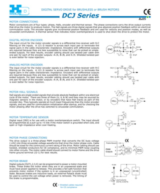 RoHS 
DIGITAL SERVO DRIVE for BRUSHLESS or BRUSH MOTORS 
DCJ Series 
MOTOR CONNECTIONS 
Motor connections are of four types: phase, Halls, encoder and thermal sensor. The phase connections carry the drive output currents 
that drive the motor to produce motion. The Hall signals are three digital signals that give absolute position feedback within an electrical 
commutation cycle. The encoder signals give incremental position feedback and are used for velocity and position modes, as well as 
sinusoidal commutation. A thermal sensor that indicates motor overtemperature is used to shut down the drive to protect the motor. 
ENC 
A, B, X 
/A, /B, /X - 
+ 
1k 
1k 
22 pF 
26LS32 
22 pF 
+5V 
2 k 
121 
HALL U, V, W 10 k 
3.3 nF 
74HC14 
+5V 
10 k 
U 
V 
W 
Frame Ground 
+5 Vdc 
U 
[OUT1] [OUT2] 
[OUT3], or [OUT4] 
1k 
+ 
U 
BRAKE 24 Vdc 
- 
10 k 
3.3 nF 
74HC14 
+5V 
4.99 k 
[IN5] 
MOTOR BRUSH 
MOTOR 
V 
BRUSH-LESS 
MOTOR 
V 
W 
PWM 
Outputs 
U 
V 
W 
digital MOTOR ENCODER 
The input circuit for the motor encoder signals is a differential line-receiver with R-C 
filtering on the inputs. A 121 Ω resistor is across each input pair to terminate the 
signal pairs in the cable characteristic impedance. Encoders with differential outputs 
are required because they are less susceptible to noise that can be picked on single-ended 
outputs. For best results, encoder cabling should use twisted pair cable with 
one pair for each of the encoder outputs: A-/A, B-/B, and X-/X. Shielded twisted-pair 
is even better for noise rejection. 
analog MOTOR ENCODER 
The input circuit for the motor encoder signals is a differential line-receiver with R-C 
filtering on the inputs. A 121 Ω resistor is across each input pair to terminate the 
signal pairs in the cable characteristic impedance. Encoders with differential outputs 
are required because they are less susceptible to noise that can be picked on single-ended 
outputs. For best results, encoder cabling should use twisted pair cable with 
one pair for each of the encoder outputs: A-/A, B-/B, and X-/X. Shielded twisted-pair 
is even better for noise rejection. 
MOTOR HALL SIGNALS 
Hall signals are single-ended signals that provide absolute feedback within one electrical 
cycle of the motor. There are three of them (U, V, & W) and they may be sourced by 
magnetic sensors in the motor, or by encoders that have Hall tracks as part of the 
encoder disc. They typically operate at much lower frequencies than the motor encoder 
signals, and are used for commutation-initialization after startup, and for checking the 
motor phasing after the drive has switched to sinusoidal commutation. 
Motor Temperature Sensor 
Digital input [IN5] is for use with a motor overtemperature switch. The input should 
be programmed as a pull-up to +5 Vdc if the motor switch is grounded when cold, and 
open or high-impedance when over-heating. 
motor phase connections 
The drive output is a three-phase PWM inverter that converts the DC buss voltage 
(+HV) into three sinusoidal voltage waveforms that drive the motor phase-coils. Cable 
should be sized for the continuous current rating of the drive. Motor cabling should use 
twisted, shielded conductors for CE compliance, and to minimize PWM noise coupling 
into other circuits. The motor cable shield should connect to motor frame and the drive 
frame ground terminal (J2-1) for best results. 
Motor Brake 
Digital outputs [OUT1,2,3,4] can be programmed to power a motor-mounted 
brake. These brake the motor when they are in an unpowered state and 
must have power applied to release. This provides a fail-safe function that 
prevents motor motion if the system is in an unpowered (uncontrolled) 
state. Because brakes are inductive loads, an external flyback diode must 
be used to control the coil voltage when power is removed. The timing of 
the brake is programmable. 
= Shielded cables required 
for CE compliance 
 