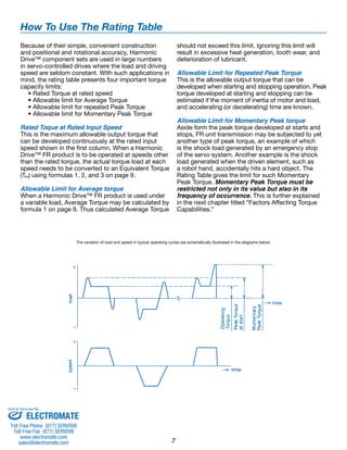 7 
How To Use The Rating Table 
Because of their simple, convenient construction 
and positional and rotational accuracy, Harmonic 
Drive™ component sets are used in large numbers 
in servo-controlled drives where the load and driving 
speed are seldom constant. With such applications in 
mind, the rating table presents four important torque 
capacity limits: 
• Rated Torque at rated speed 
• Allowable limit for Average Torque 
• Allowable limit for repeated Peak Torque 
• Allowable limit for Momentary Peak Torque 
Rated Toque at Rated Input Speed 
This is the maximum allowable output torque that 
can be developed continuously at the rated input 
speed shown in the first column. When a Harmonic 
Drive™ FR product is to be operated at speeds other 
than the rated torque, the actual torque load at each 
speed needs to be converted to an Equivalent Torque 
(Teq) using formulas 1, 2, and 3 on page 9. 
Allowable Limit for Average torque 
When a Harmonic Drive™ FR product is used under 
a variable load, Average Torque may be calculated by 
formula 1 on page 9. Thus calculated Average Torque 
should not exceed this limit. Ignoring this limit will 
result in excessive heat generation, tooth wear, and 
deterioration of lubricant. 
Allowable Limit for Repeated Peak Torque 
This is the allowable output torque that can be 
developed when starting and stopping operation. Peak 
torque developed at starting and stopping can be 
estimated if the moment of inertia of motor and load, 
and accelerating (or decelerating) time are known. 
Allowable Limit for Momentary Peak torque 
Aside form the peak torque developed at starts and 
stops, FR unit transmission may be subjected to yet 
another type of peak torque, an example of which 
is the shock load generated by an emergency stop 
of the servo system. Another example is the shock 
load generated when the driven element, such as 
a robot hand, accidentally hits a hard object. The 
Rating Table gives the limit for such Momentary 
Peak Torque. Momentary Peak Torque must be 
restricted not only in its value but also in its 
frequency of occurrence. This is further explained 
in the next chapter titled “Factors Affecting Torque 
Capabilities.” 
The variation of load and speed in typical operating cycles are schematically illustrated in the diagrams below. 
Sold & Serviced By: 
ELECTROMATE 
Toll Free Phone (877) SERVO98 
Toll Free Fax (877) SERV099 
www.electromate.com 
sales@electromate.com 
 