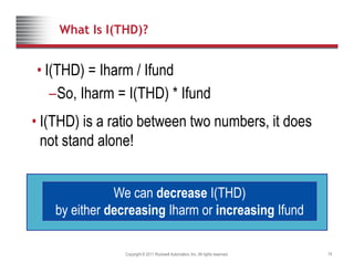 What Is I(THD)?
• I(THD) = Iharm / Ifund
–So, Iharm = I(THD) * Ifund
• I(THD) is a ratio between two numbers it does
• I(THD) is a ratio between two numbers, it does
not stand alone!
W d I(THD)
We can decrease I(THD)
by either decreasing Iharm or increasing Ifund
Copyright © 2011 Rockwell Automation, Inc. All rights reserved. 19
 
