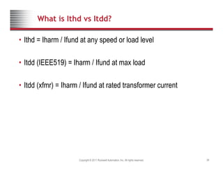 What is Ithd vs Itdd?
• Ithd = Iharm / Ifund at any speed or load level
• Itdd (IEEE519) = Iharm / Ifund at max load
• Itdd (xfmr) = Iharm / Ifund at rated transformer current
Copyright © 2011 Rockwell Automation, Inc. All rights reserved. 39
 
