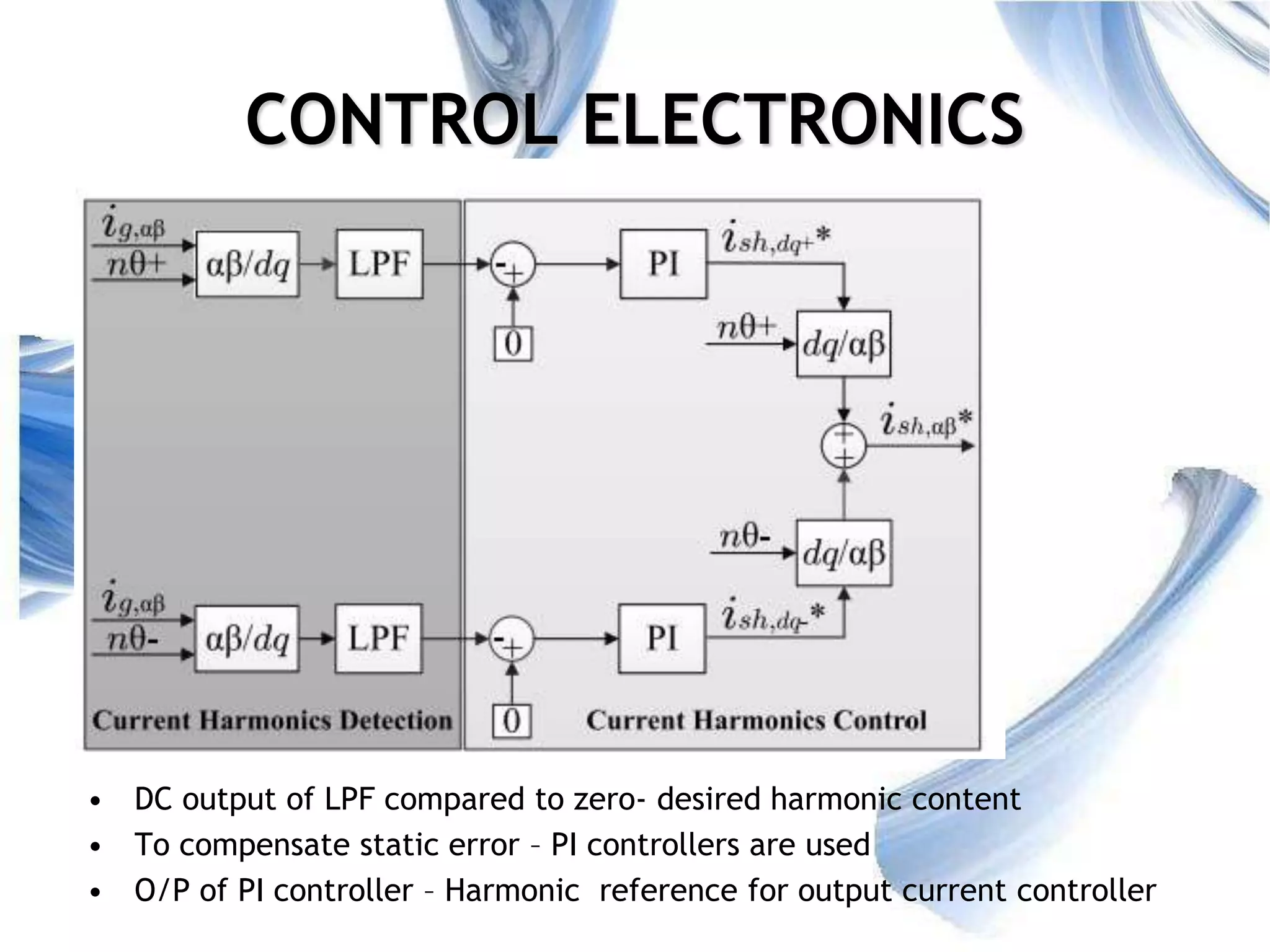 10
CONTROL ELECTRONICS
• DC output of LPF compared to zero- desired harmonic content
• To compensate static error – PI controllers are used
• O/P of PI controller – Harmonic reference for output current controller
 