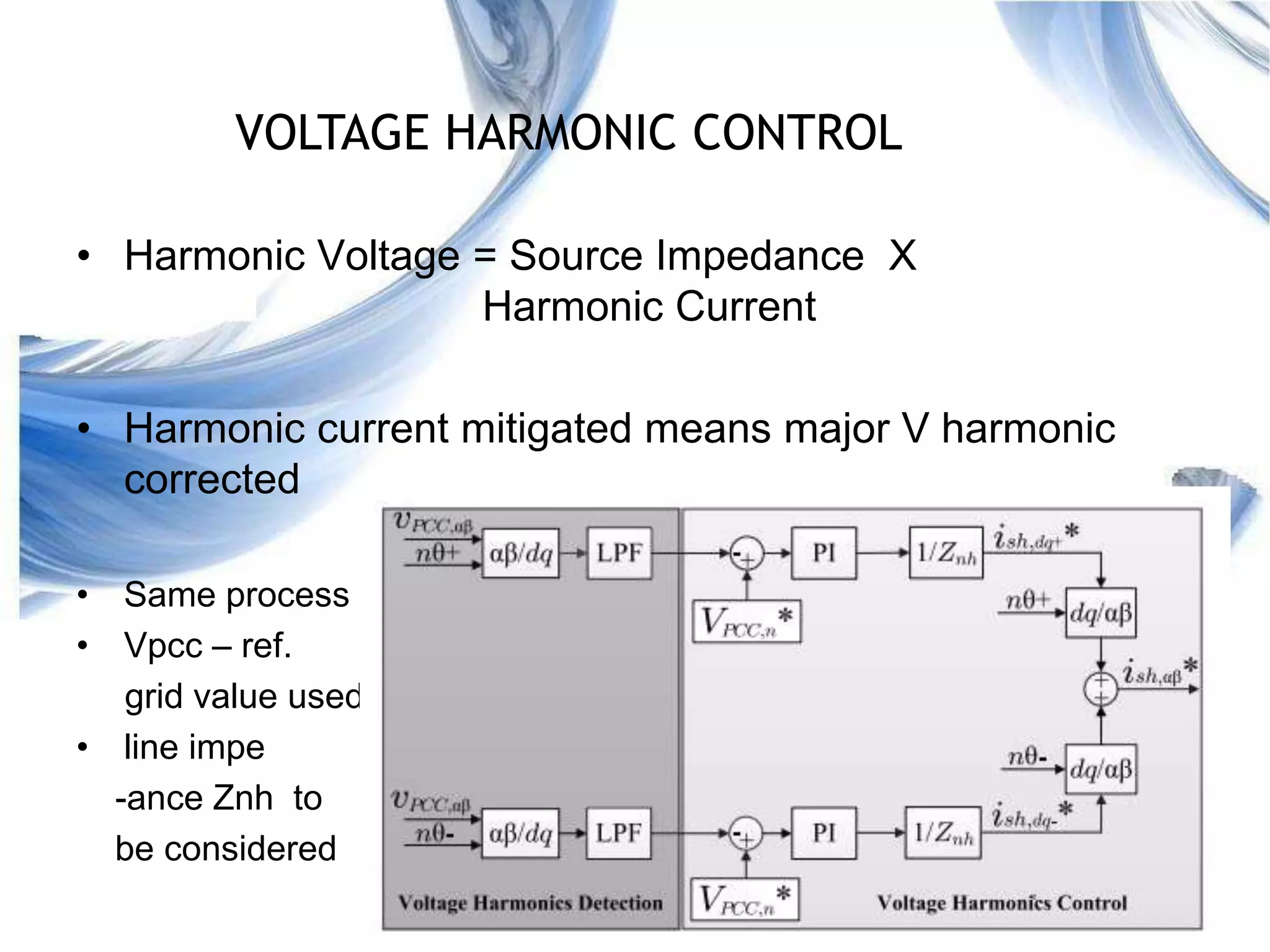 15
• Harmonic Voltage = Source Impedance X
Harmonic Current
• Harmonic current mitigated means major V harmonic
corrected
• Same process
• Vpcc – ref.
grid value used
• line impe
-ance Znh to
be considered
VOLTAGE HARMONIC CONTROL
 