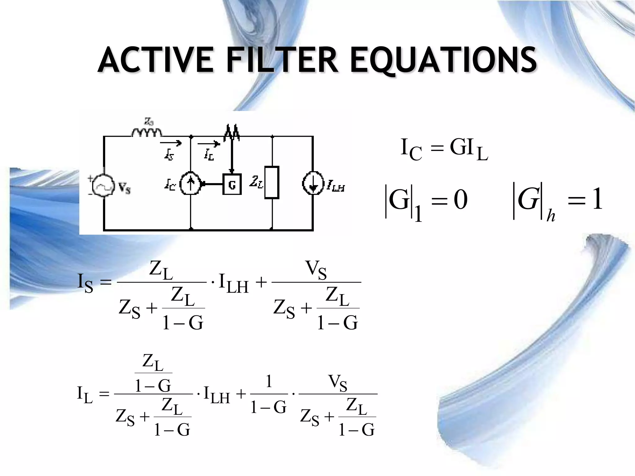 30
ACTIVE FILTER EQUATIONS
G1
Z
Z
V
I
G1
Z
Z
Z
I
L
S
S
LH
L
S
L
S






G1
Z
Z
V
G1
1
I
G1
Z
Z
G1
Z
I
L
S
S
LH
L
S
L
L








1h
G0G1

LC GII 
 