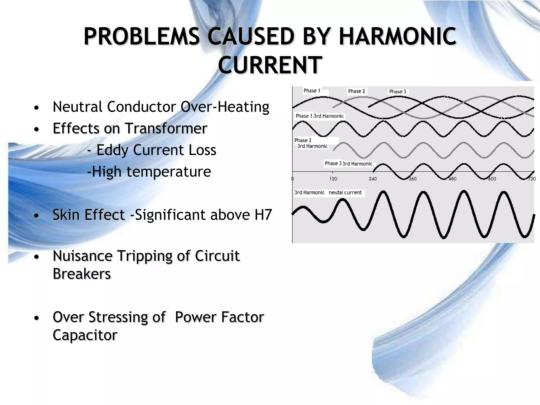 4
PROBLEMS CAUSED BY HARMONIC
CURRENT
• Neutral Conductor Over-Heating
• Effects on Transformer
- Eddy Current Loss
-High temperature
• Skin Effect -Significant above H7
• Nuisance Tripping of Circuit
Breakers
• Over Stressing of Power Factor
Capacitor
 