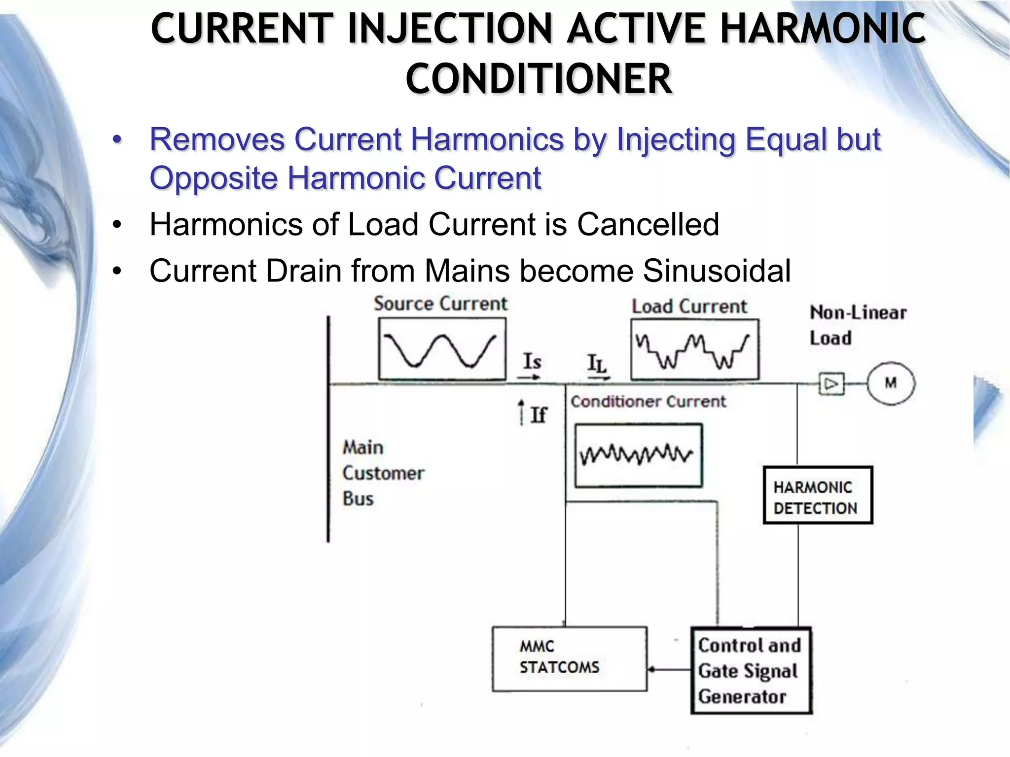7
CURRENT INJECTION ACTIVE HARMONIC
CONDITIONER
• Removes Current Harmonics by Injecting Equal but
Opposite Harmonic Current
• Harmonics of Load Current is Cancelled
• Current Drain from Mains become Sinusoidal
 