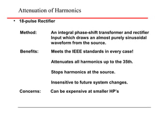 Attenuation of Harmonics
18-pulse Rectifier
Method: An integral phase-shift transformer and rectifier
Input which draws an almost purely sinusoidal
waveform from the source.
Benefits: Meets the IEEE standards in every case!
Attenuates all harmonics up to the 35th.
Stops harmonics at the source.
Insensitive to future system changes.
Concerns: Can be expensive at smaller HP’s
 
