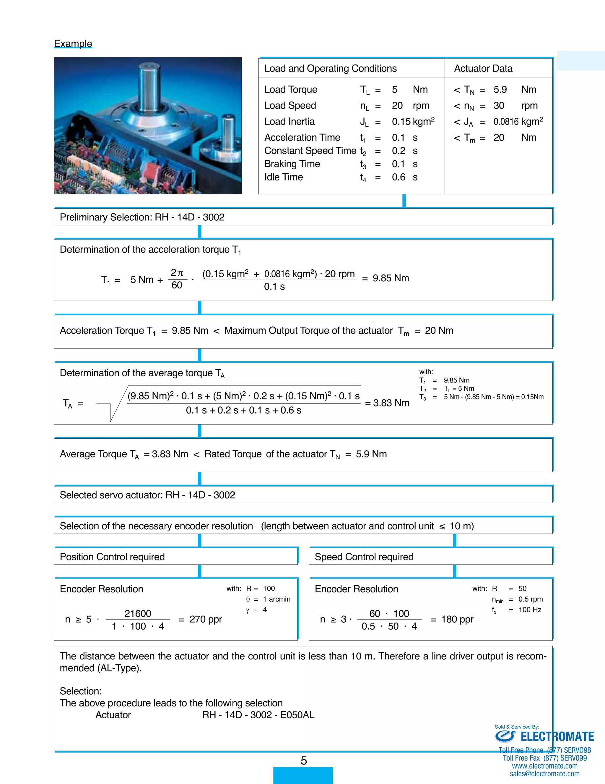 Load and Operating Conditions Actuator Data 
Load Torque TL = 5 Nm < TN = 5.9 Nm 
Load Speed nL = 20 rpm < nN = 30 rpm 
Load Inertia JL = 0.15 kgm2 < JA = 0.0816 kgm2 
Acceleration Time t1 = 0.1 s < Tm = 20 Nm 
Constant Speed Time t2 = 0.2 s 
Braking Time t3 = 0.1 s 
Idle Time t4 = 0.6 s 
Preliminary Selection: RH - 14D - 3002 
Determination of the acceleration torque T1 
T1 = 5 Nm + · (0.15 kgm = 9.85 Nm 2 + 0.0816 kgm2) · 20 rpm 
0.1 s 
Acceleration Torque T1 = 9.85 Nm < Maximum Output Torque of the actuator Tm = 20 Nm 
Determination of the average torque TA 
TA = (9.85 Nm) = 3.83 Nm 2 · 0.1 s + (5 Nm)2 · 0.2 s + (0.15 Nm)2 · 0.1 s 
Selected servo actuator: RH - 14D - 3002 
Selection of the necessary encoder resolution (length between actuator and control unit ≤ 10 m) 
Position Control required Speed Control required 
Encoder Resolution 
21600 
n ≥ 5 · 1 · 100 · 4 = 270 ppr 
with: R = 50 
The distance between the actuator and the control unit is less than 10 m. Therefore a line driver output is recom-mended 
(AL-Type). 
Selection: 
The above procedure leads to the following selection 
Actuator RH - 14D - 3002 - E050AL 
with: 
T1 = 9.85 Nm 
T2 = TL = 5 Nm 
T3 = 5 Nm - (9.85 Nm - 5 Nm) = 0.15Nm 
0.1 s + 0.2 s + 0.1 s + 0.6 s 
Average Torque TA = 3.83 Nm < Rated Torque of the actuator TN = 5.9 Nm 
with: R = 100 
θ = 1 arcmin 
γ = 4 
Encoder Resolution 
Example 
60 · 100 
n ≥ 3 · 0.5 · 50 · 4 = 180 ppr 
nmin = 0.5 rpm 
fs = 100 Hz 
5 
2 π 
60 
Sold & Serviced By: 
ELECTROMATE 
Toll Free Phone (877) SERVO98 
Toll Free Fax (877) SERV099 
www.electromate.com 
sales@electromate.com 
 