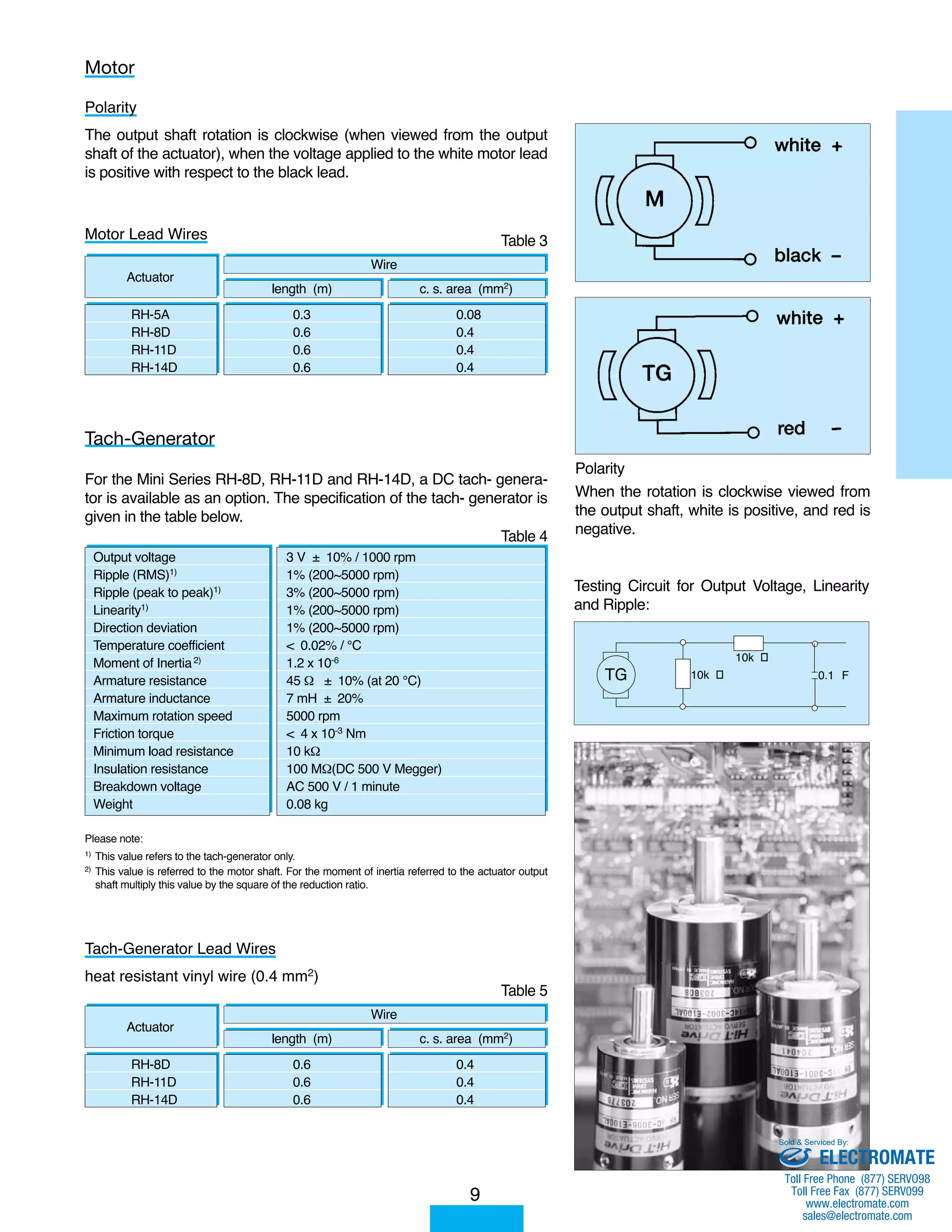 Motor 
Polarity 
The output shaft rotation is clockwise (when viewed from the output 
shaft of the actuator), when the voltage applied to the white motor lead 
is positive with respect to the black lead. 
Motor Lead Wires 
Actuator 
RH-5A 
RH-8D 
RH-11D 
RH-14D 
Tach-Generator 
length (m) 
0.3 
0.6 
0.6 
0.6 
c. s. area (mm2) 
0.08 
0.4 
0.4 
0.4 
Wire 
For the Mini Series RH-8D, RH-11D and RH-14D, a DC tach- genera-tor 
is available as an option. The specification of the tach- generator is 
given in the table below. 
Please note: 
1) This value refers to the tach-generator only. 
2) This value is referred to the motor shaft. For the moment of inertia referred to the actuator output 
shaft multiply this value by the square of the reduction ratio. 
Polarity 
When the rotation is clockwise viewed from 
the output shaft, white is positive, and red is 
negative. 
Testing Circuit for Output Voltage, Linearity 
and Ripple: 
Output voltage 
Ripple (RMS)1) 
Ripple (peak to peak)1) 
Linearity1) 
Direction deviation 
Temperature coefficient 
Moment of Inertia2) 
Armature resistance 
Armature inductance 
Maximum rotation speed 
Friction torque 
Minimum load resistance 
Insulation resistance 
Breakdown voltage 
Weight 
3 V ± 10% / 1000 rpm 
1% (200~5000 rpm) 
3% (200~5000 rpm) 
1% (200~5000 rpm) 
1% (200~5000 rpm) 
< 0.02% / °C 
1.2 x 10-6 
45 Ω ± 10% (at 20 °C) 
7 mH ± 20% 
5000 rpm 
< 4 x 10-3 Nm 
10 kΩ 
100 MΩ(DC 500 V Megger) 
AC 500 V / 1 minute 
0.08 kg 
Table 3 
Table 4 
Tach-Generator Lead Wires 
heat resistant vinyl wire (0.4 mm2) 
Actuator 
RH-8D 
RH-11D 
RH-14D 
0.6 
0.6 
0.6 
0.4 
0.4 
0.4 
length (m) 
Wire 
Table 5 
c. s. area (mm2) 
9 
TG 10k  
10k  
0.1 F 
Sold  Serviced By: 
ELECTROMATE 
Toll Free Phone (877) SERVO98 
Toll Free Fax (877) SERV099 
www.electromate.com 
sales@electromate.com 
 
