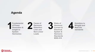 Copyright ©2018 Rockwell Automation, Inc. 2
Agenda
Fundamental
of Power
Generation &
Insight to
System
Harmonics
Cause of
Harmonic
Distortion
Liner and
Non-Linear
Loads
Risks of
Harmonic
Current to
Electrical
System &
Harmonic
Standards
IEEE-519
Solutions to
Mitigate and
Meet the
standards
1 2 3 4
 