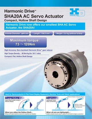 SHA20A AC Servo Actuator 
Compact, Hollow Shaft Design 
Harmonic Drive now offers our smallest SHA AC Servo 
Actuator, the SHA20A! 
Outside Diameter：φ94 mm Length：108.5 mm Weight : 2.0 kg (without brake) 
Maximum torque： 
73 ～ 120Nm 
High Accuracy: Zero-backlash Harmonic Drive™ gear reducer 
High Torque Density: ~ 60 Nm/kg (for 161:1 ratio) 
Compact: Flat, Hollow Shaft Design 
Ideal for Semiconductor & Flat Panel Display Equipment, Machine Tools and Robot applications! 
Reduced Weight at the End-Effector 
Results in higher 
allowable acceleration 
of the base axis. 
Large Hollow Shaft Lightweight 
Hollow Shaft enables simple & 
efficient designs. 
Lightweight means 
faster acceleration! 
When you utilize the Hollow Shaft... 
Wiring can be kept inside the machine for simplicity and reliability! 
When all axis are lightweight.... 
Smaller actuators may be used, in addition to the benefit of higher acceleration! 
Harmonic Drive™ 
 