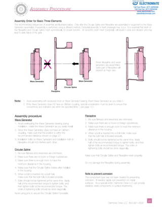 Sold & Serviced By: 
ELECTROMATE 
Toll Free Phone (877) SERVO98 
Toll Free Fax (877) SERV099 
www.electromate.com 
sales@electromate.com 
Assembly Order for Basic Three Elements 
The recommended sequences of assembly are illustrated below. Only after the Circular Spline and Flexspline are assembled in equipment is the Wave 
Generator assembled. If assembly is performed using a different method, Dedoidal assembly or teeth breakage may occur. It is essential that teeth of 
the Flexspline and Circular Spline mesh symmetrically for proper function. An eccentric tooth mesh (Dedoidal), will result in noise and vibration and may 
lead to early failure of the gear. 
­­­­­­­­­­­27 
When flexspline and wave 
generator are assembled, 
open part of flexspline will 
expand at major axis. 
Note: 1. Avoid assembling with excessive force on Wave Generator bearing. Insert Wave Generator as you rotate it. 
2. If the Wave Generator does not have an Oldham coupling, special consideration must be given to ensure that 
concentricity and inclination are within the specified limits. ( see page 12.) 
Harmonic Drive LLC 800-921-3332 Assembly Procedure 
Wave Generator 
Circular Spline 
Wave Generator 
Flexspline 
Assembly procedure 
Wave Generator 
1. Avoid overloading the Wave Generator bearing during 
installation, rotate the Wave Generator as you easily install. 
2. Since the Wave Generator does not have an Oldham 
coupling, make sure that the position is within the 
recommended tolerance shown on page 27. 
3. Installation bolts on Wave Generator and installation bolt on 
Flexspline should not interfere each other. 
Circular Spline 
1. Be sure flatness and skewness are minimized. 
2. Make sure there are no burrs or foreign substances. 
3. Make sure there is enough room to have the 
minimum clearance in the housing. 
4. Make sure that the Circular Spline rotates after installed 
in the housing. 
5. When a bolt is inserted into a bolt hole, 
make sure that the bolt hole is located properly. 
7. Bolts should not be tightened at the same time. Apply 
half of the recommended torque to tighten bolts, and 
then tighten bolts at the recommended torque. The 
order of tightening bolts should be done diagonally. 
Avoid using pins to secure the Circular Spline if possible. 
Flexspline 
1. Be sure flatness and skewness are minimized. 
2. Make sure there are no burrs or foreign substances. 
3. Make sure there is enough room to have the minimum 
clearance in the housing. 
4. When a bolt is inserted into a bolt hole, make sure 
that the bolt hole is located properly. 
5. Bolts should not be tightened at the same time. Apply 
half of the recommended torque to tighten bolts, and then 
tighten bolts at recommended torque. The order of 
tightening bolts should be done diagonally. 
Make sure that Circular Spline and Flexspline mesh properly. 
Do not damage the Flexspline during assembly. 
Note to prevent corrosion 
The component type has not been treated for preventing 
corrosion. If needed, apply rust prevention on metal 
surfaces. As a special order, Harmonic Drive LLC can provide 
stainless steel components or surface treatments. 
 