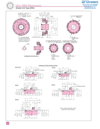 3­­­­­­­­­­­­­­­­­­­­­­2 
Unit 2SH Dimensions 
Simple Unit Type (2SH) 
ø P3 
ø Q3 
P1 – P2 P 
equally spaced 
Q1 – Q2 equally 
spaced 
É”s 
É” R 
ø V4 
ø U 
T3Åã 
T1 – T2 equally spaced 
maintains concentricity 
between flexspline and 
outer face of bearing 
C 
D1 D2 D3 
E1 E2 E3 
F 
f 
e 
b 
O ring 
ø c 
ø a B2 
ø B1 
ø A H6 
ø H h6 
ø G h6 
ø H h6 
Sold & Serviced By: 
V1 – V2 (V3) equally spaced 
W1 – W2 
equally spaced 
(*Bolt) 
12 equally spaced holes as shown 
ø 0.25 
M3X5 (ø3.5X6) 
4-M3X6 
6 equally spaced 
(*Bolt) 
Size 14 
Configurations for Size14 and 17 
Configurations Of Wave Generator All Sizes 
Size 14 & 17 
Size 25 
Size 58 
Size 20 
20 equally spaced holes as shown 
M3X6 (ø3.5X6.5) 
ø 0.25 
4-M3X6 
6 equally spaced 
(*Bolt) 
Size 17 
3-M3 
J1 
ø M1 
ø M2 h7 
ø M4 H7 
ø M1 
ø M2 h7 
ø M4 H7 
ø M1 
ø M2 h7 
ø M4 H7 
ø N1 j6 
ø N1 j6 
C0.4 
C0.5 
ø M1 
ø N2 h7 
ø M3 
ø N4 H7 
Size 32 
ø M1 
ø M2 h7 
ø M4 H7 
ø M3 
ø L2 j6 
ø L4 H7 
ø L5 f7 
ø L1 
ø L8 H7 
ø L4 H7 
ø L2 j6 
ø L1 
ø L3 H9 
ø L4 H7 
ø L2 j6 
ø L1 
ø L4 H7 
ø L1 
ø N2 
ø N2 
C 
ø N2 
ø N1 j6 
ø N1 j6 
ø L2 j6 
ø N2 
J2 J3 (j6 Tolerance Range) 
J2 J1 
J1 (J2) J3 
(J4) 
K1 
K1 
I1 I2 
I1 I2 
(I3) 
(I3) 
I1 I2 (I3) 
j6 Tolerance Range (j6 Tolerance Range) J2 J3 (j6 Tolerance Range) 
C0.3 
C0.4 
C0.4 
C0.4 
C0.5 
C0.4 
C0.4 
C0.4 R0.2 R0.2 C0.4 
C 
C 
I1 I2 (I3) 
I1 
K2 K1 
I2 (I3) 
C 
C 
O1 O2 O3 
O1 O2 O3 
O1 O2 O3 
O1 (O2) O3 
R0.2 
R0.2 
J3 (j7 Tolerance Range) 
C0.4 R0.2 R0.2 C0.4 
R0.2 C0.3 
R0.2 
C0.4 
C0.4 
O1 O2 O3 
ø L5 f7 
ø L4 H7 
ø L1 
ø N1 j6 
ø L2 j6 
ø N2 
ø L5 f7 
depth of pilot hole – d 
O ring 
*Bolt maintain assembly circular 
spline inner race of bearing 
ELECTROMATE 
Toll Free Phone (877) SERVO98 
Toll Free Fax (877) SERV099 
www.electromate.com 
sales@electromate.com 
 