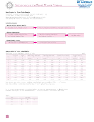 1. Maximum Load Moment (Mmax) 
2. Output Bearing Life 
3. Static Safety Factor 
Calculate static equal radial load (Po) Confirm static safety factor (fs) 
Sold & Serviced By: 
Size dp R C Co x104 in-lb/ 
11 0.043 0.0180 52.9 1189 75.5 1697 74 655 6.5 167 
14 0.050 0.0217 58 1304 86 1933 74 655 8.5 219 
17 0.060 0.0239 104 2338 163 3664 124 1097 15.4 397 
20 0.070 0.0255 146 3282 220 4946 187 1655 25.2 649 
25 0.085 0.0296 218 4901 358 8048 258 2283 39.2 1009 
32 0.111 0.0364 382 8587 654 14702 580 5133 100 2575 
40 0.133 0.0440 433 9734 816 18344 849 7514 179 4609 
45 0.154 0.0475 776 17444 1350 30348 1127 9974 257 6618 
50 0.170 0.0525 816 18344 1490 33495 1487 13160 351 9038 
58 0.195 0.0622 874 19648 1710 38441 2180 19293 531 13673 
65 0.218 0.0720 1300 29224 2230 50130 2740 24249 741 19081 
3­­­­­­­­­­­­­­­­­­­­­­4 
Specifications for Cross Roller Bearing 
Specification for Cross Roller Bearing 
Housed units incorporate a precise cross roller bearing to directly support a load. 
The inner race of the bearing forms the output flange. 
Please calculate maximum load moment, life of cross roller bearing, and static 
safety factor to fully maximize the performance of housed unit (gearhead). 
Calculation Procedure 
Calculate maximum load moment Maximum load moment (Mmax)< Allowable moment (Mc) 
Calculate average radial load (Frav) Calculate radial load coefficient (X) Calculate lifetime and average axial load (Faav) and axial load coefficient (Y) 
Specification for cross roller bearing 
Specification for cross roller bearing is shown on figure. 
Pitch Circle Offset Basic Dynamic Rated Load Basic Static Rated Load Allowable Moment Load Mc Moment Rigidity Km 
m m X102N lb X102N lb Nm in-lb Nm/rad arc-min 
Basic dynamic rated load is a constant radial load where the basic dynamic rated life of CRB is 1 x 106 rotations. 
Basic static rated load is a static load where the value of moment rigidity is the average value. 
For the following size and gear ratio combinations, the life of the cross roller bearing operating at the allowable moment 
load is less than the life of the wave generator bearing (L10 = 7000 hr) operating at 2000rpm and rated torque. 
Table 27 
Table 28 
Size Gear Ratio 
14 50 80 100 
17 50 80 
20 50 
ELECTROMATE 
Toll Free Phone (877) SERVO98 
Toll Free Fax (877) SERV099 
www.electromate.com 
sales@electromate.com 
 