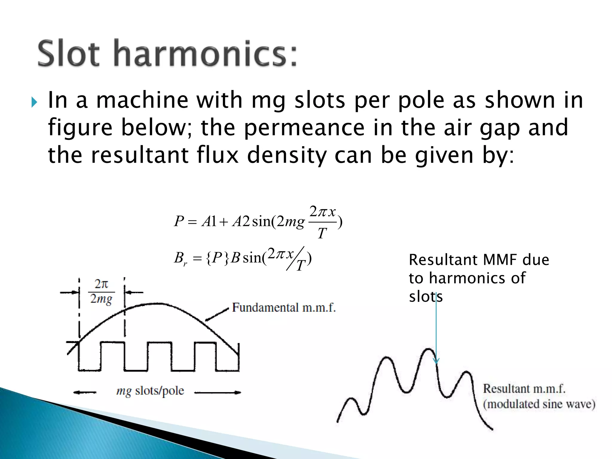  In a machine with mg slots per pole as shown in
figure below; the permeance in the air gap and
the resultant flux density can be given by:
2
1 2sin(2 )
2{ } sin( )r
x
P A A mg
T
xB P B
T


 
 Resultant MMF due
to harmonics of
slots
 