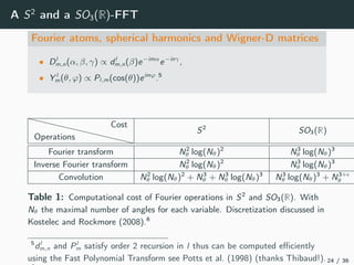 A S2
and a SO3(R)-FFT
Fourier atoms, spherical harmonics and Wigner-D matrices
• Dl
m,n(α, β, γ) ∝ dl
m,n(β)e−imα
e−inγ
,
• Y l
m(θ, ϕ) ∝ Pl,m(cos(θ))eimϕ
.5
Operations
Cost
S2
SO3(R)
Fourier transform N2
θ log(Nθ)2
N3
θ log(Nθ)3
Inverse Fourier transform N2
θ log(Nθ)2
N3
θ log(Nθ)3
Convolution N2
θ log(Nθ)2
+ N3
θ + N3
θ log(Nθ)3
N3
θ log(Nθ)3
+ N3+
θ
Table 1: Computational cost of Fourier operations in S2
and SO3(R). With
Nθ the maximal number of angles for each variable. Discretization discussed in
Kostelec and Rockmore (2008).6
5
dl
m,n and Pl
m satisfy order 2 recursion in l thus can be computed eﬃciently
using the Fast Polynomial Transform see Potts et al. (1998) (thanks Thibaud!).24 / 36
 