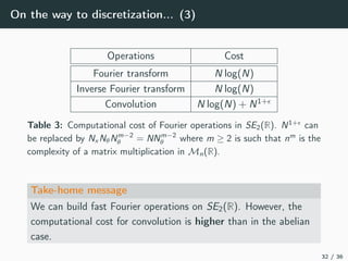 On the way to discretization... (3)
Operations Cost
Fourier transform N log(N)
Inverse Fourier transform N log(N)
Convolution N log(N) + N1+
Table 3: Computational cost of Fourier operations in SE2(R). N1+
can
be replaced by Nx NθNm−2
θ = NNm−2
θ where m ≥ 2 is such that nm
is the
complexity of a matrix multiplication in Mn(R).
Take-home message
We can build fast Fourier operations on SE2(R). However, the
computational cost for convolution is higher than in the abelian
case.
32 / 36
 