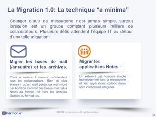 La Migration 1.0: La technique “a minima”
Changer d’outil de messagerie n’est jamais simple, surtout
lorsqu’on est un groupe comptant plusieurs milliers de
collaborateurs. Plusieurs défis attendent l’équipe IT au détour
d’une telle migration:




Migrer les bases de mail                                 Migrer les
(/annuaire) et les archives.                             applications Notes :

C’est le service à minima, qu’attendent                  Un élément pas toujours simple
tous les collaborateurs. Rien de plus                    techniquement tant la messagerie
énervant qu’un mail perdu ou mal migré                   et les applications collaboratives
par l’outil de transfert des bases mail Lotus            sont intimement intégrées.
Notes au format .nsf vers les archives
Outlook au format .pst.




                                    © 2012 by harmon.ie All rights reserved
                                                                                              14
 