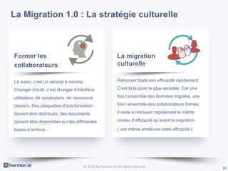 La Migration 1.0 : La stratégie culturelle



Former les                                               La migration
collaborateurs                                           culturelle

Là aussi, c’est un service à minima.                     Retrouver toute son efficacité rapidement.

Changer d’outil, c’est changer d’interface               C’est là le point le plus sensible. Car une

utilisateur, de vocabulaire, de raccourcis               fois l’ensemble des données migrées, une

claviers. Des plaquettes d’autoformation                 fois l’ensemble des collaborateurs formés,

doivent être distribués, des documents                   il reste à retrouver rapidement le même

doivent être disponibles sur les différentes             niveau d’efficacité qu’avant la migration

bases d’archive…                                         ( voir même améliorer cette efficacité )




                                    © 2012 by harmon.ie All rights reserved                            16
 