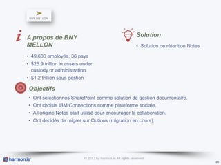 A propos de BNY                                                  Solution
MELLON                                                           • Solution de rétention Notes

• 49,600 employés, 36 pays
• $25.9 trillion in assets under
  custody or administration
• $1.2 trillion sous gestion

Objectifs
• Ont selectionnés SharePoint comme solution de gestion documentaire.
• Ont choisis IBM Connections comme plateforme sociale.
• A l’origine Notes etait utilisé pour encourager la collaboration.
• Ont decidés de migrer sur Outlook (migration en cours).




                               © 2012 by harmon.ie All rights reserved
                                                                                                 26
 