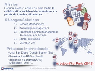 Mission
Harmon.ie est un éditeur qui veut mettre la
collaboration sociale et documentaire à la
portée de tous les utilisateurs

5 Usages/Solutions
        1)   Record Management
        2)   Knowledge Management
        3)   Enterprise Content Management
             (Document and Email)
        4)   SharePoint Social
        5)   Migration 2.0

 Présence internationale
  • Usa: San Diego (Ouest), Boston (Est)
  • Possédant sa R&D en Israël
  • Implantée a Londres (2010),
    Düsseldorf (2011)…                 …et aujourd’hui Paris (2012)
                     © 2012 by harmon.ie All rights reserved     6
 
