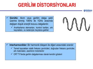 GERİLİM DİSTORSİYONLARI Interharmonikler:   Bir harmonik bileşeni ile diğeri arasındaki orandır Temel kaynakları statik frekans çeviricileri, doğrudan frekans çeviriciler, ark makinaları, asenkron motorlardır  CRT TV’lerde gerilim dalgalanması olarak kendini gösterir Gürültü:  Akım veya gerilim dalga şekli üzerine binmiş 10kHz ile 1GHz arasında değişen düşük enerjili bozucu dalgalardır.   Anahtarlama elemanları, kontrol kartları, ark kaynakları, vs nedeniyle meydana gelirler  