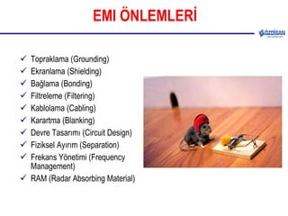 EMI ÖNLEMLERİ Topraklama (Grounding) Ekranlama (Shielding) Bağlama (Bonding) Filtreleme (Filtering) Kablolama (Cabling) Karartma (Blanking) Devre Tasarımı (Circuit Design) Fiziksel Ayırım (Separation) Frekans Yönetimi (Frequency Management) RAM (Radar Absorbing Material) 
