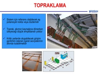 TOPRAKLAMA Sistem için referans olabilecek eş potansiyel nokta veya düzlemdir Toprak, akımın kaynağına dönerken izleyeceği düşük empedanslı yoldur Kritik yerlerde oluşabilecek girişim gerilimini istenen işaret seviyelerinin altında tutabilmelidir 