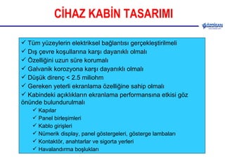 CİHAZ KABİN TASARIMI Tüm yüzeylerin elektriksel bağlantısı gerçekleştirilmeli Dış çevre koşullarına karşı dayanıklı olmalı Özelliğini uzun süre korumalı Galvanik korozyona karşı dayanıklı olmalı Düşük direnç < 2.5 miliohm Gereken yeterli ekranlama özelliğine sahip olmalı Kabindeki açıklıkların ekranlama performansına etkisi göz önünde bulundurulmalı  Kapılar Panel birleşimleri Kablo girişleri Nümerik display, panel göstergeleri, gösterge lambaları Kontaktör, anahtarlar ve sigorta yerleri Havalandırma boşlukları 