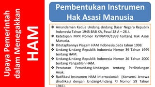 Upaya
Pemerintah
dalam
Menegakkan
HAM
Pembentukan Instrumen
Hak Asasi Manusia
❖ Amandemen Kedua Undang-Undang Dasar Negara Republik
Indonesia Tahun 1945 BAB XA, Pasal 28 A – 28 J.
❖ Ketetapan MPR Nomor XVII/MPR/1998 tentang Hak Asasi
Manusia.
❖ Ditetapkannya Piagam HAM Indonesia pada tahun 1998.
❖ Undang-Undang Republik Indonesia Nomor 39 Tahun 1999
tentang HAM.
❖ Undang-Undang Republik Indonesia Nomor 26 Tahun 2000
tentang Pengadilan HAM.
❖ Peraturan Perundang-Undangan tentang Perlindungan
Anak.
❖ Ratifikasi Instrumen HAM Internasional: (Konvensi Jenewa
diratiikasi dengan Undang-Undang RI Nomor 59 Tahun
 