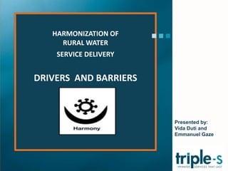 HARMONIZATION OF
RURAL WATER
SERVICE DELIVERY
DRIVERS AND BARRIERS
Presented by:
Vida Duti and
Emmanuel Gaze
 