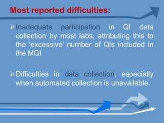 Most reported difficulties:
ØInadequate participation in QI data
collection by most labs, attributing this to
the ‘excessive’ number of QIs included in
the MQI
ØDifficulties in data collection, especially
when automated collection is unavailable.
 