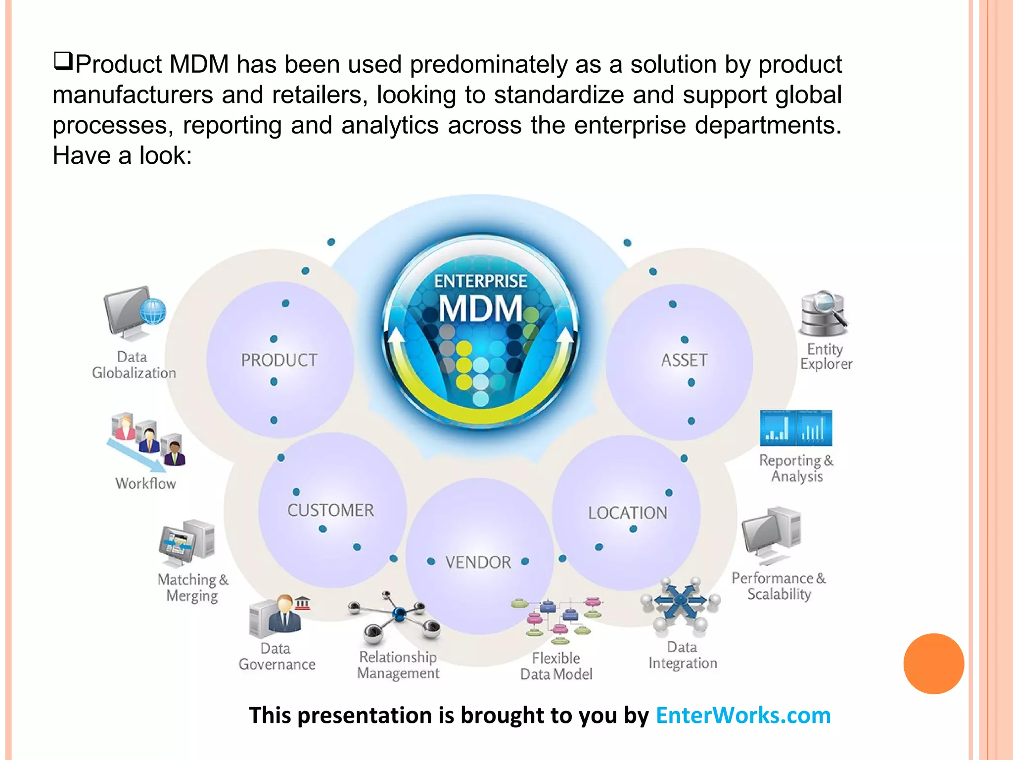 This presentation is brought to you by EnterWorks.com
Product MDM has been used predominately as a solution by product
manufacturers and retailers, looking to standardize and support global
processes, reporting and analytics across the enterprise departments.
Have a look:
 