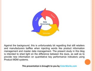 Against the background, this is unfortunately bit regretting that still retailers
and manufacturers baffles when injecting words like product information
management and master data management. The present study in this blog
is intended to shed light on the difference between the duos, as well as to
provide new information on quantitative key performance indicators using
Product MDM systems.
This presentation is brought to you by EnterWorks.com
 