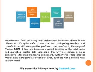 Nevertheless, from the study and performance indicators shown in the
differences, it’s quite safe to say that the participating retailers and
manufacturers attribute a positive profit and revenue effect by the usage of
Product MDM. It has now becomes a global definition of the retail sales
and marketing master data landscape. So, why not include it as a
company’s vital data managing component? EnterWorks offers product
master data management solutions for every business niche, browse here
to know more!
This presentation is brought to you by EnterWorks.com
 