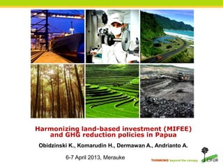 THINKING beyond the canopy
Harmonizing land-based investment (MIFEE)
and GHG reduction policies in Papua
6-7 April 2013, Merauke
Obidzinski K., Komarudin H., Dermawan A., Andrianto A.
 