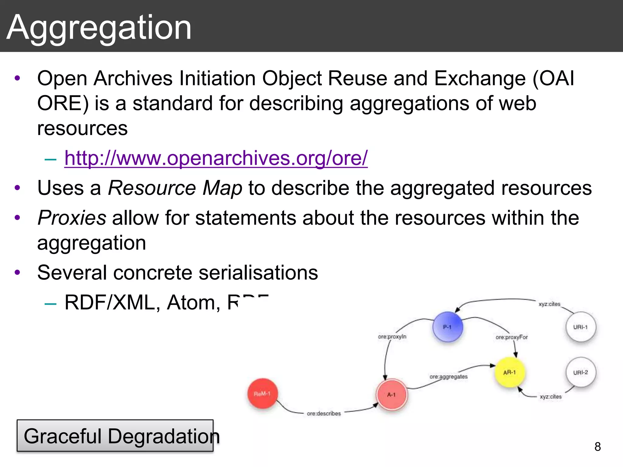 Aggregation
• Open Archives Initiation Object Reuse and Exchange (OAI
ORE) is a standard for describing aggregations of web
resources
– http://www.openarchives.org/ore/
• Uses a Resource Map to describe the aggregated resources
• Proxies allow for statements about the resources within the
aggregation
• Several concrete serialisations
– RDF/XML, Atom, RDFa
8
Graceful Degradation
 