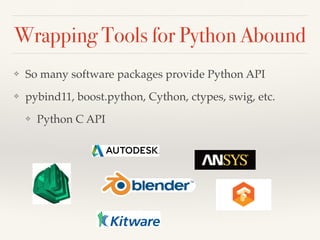 Wrapping Tools for Python Abound
❖ So many software packages provide Python API
❖ pybind11, boost.python, Cython, ctypes, swig, etc.
❖ Python C API
 