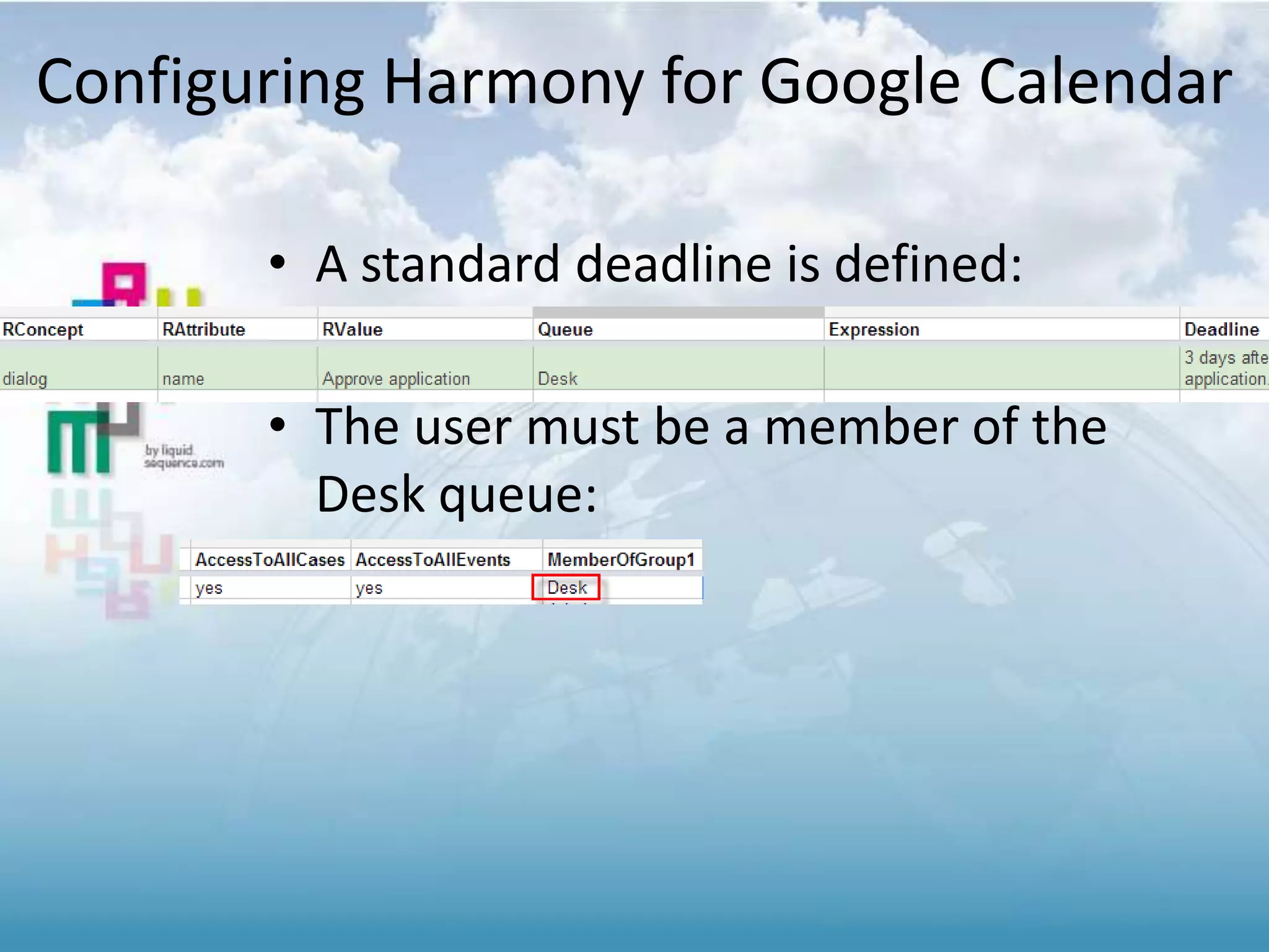 • A standard deadline is defined:
• The user must be a member of the
Desk queue:
Configuring Harmony for Google Calendar
 