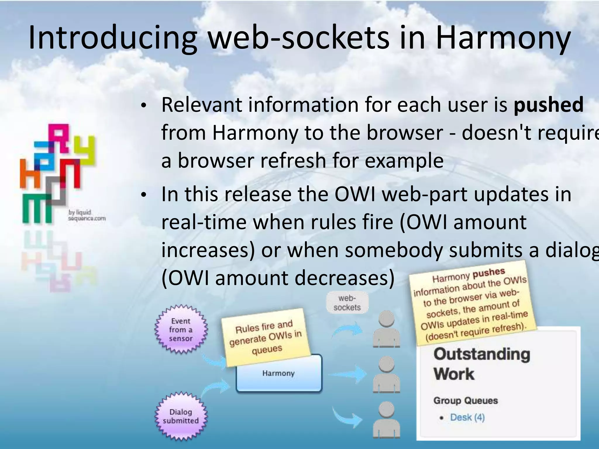 Introducing web-sockets in Harmony
• Relevant information for each user is pushed
from Harmony to the browser - doesn't require
a browser refresh for example
• In this release the OWI web-part updates in
real-time when rules fire (OWI amount
increases) or when somebody submits a dialog
(OWI amount decreases)
 