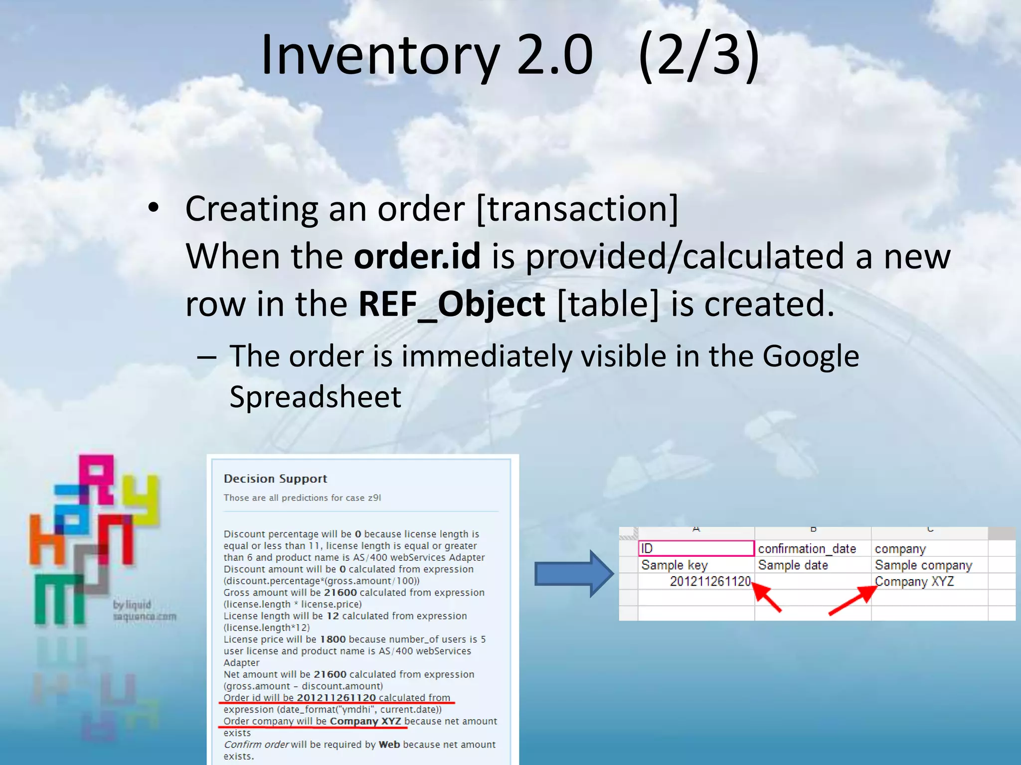 • Creating an order [transaction]
When the order.id is provided/calculated a new
row in the REF_Object [table] is created.
– The order is immediately visible in the Google
Spreadsheet
Inventory 2.0 (2/3)
 