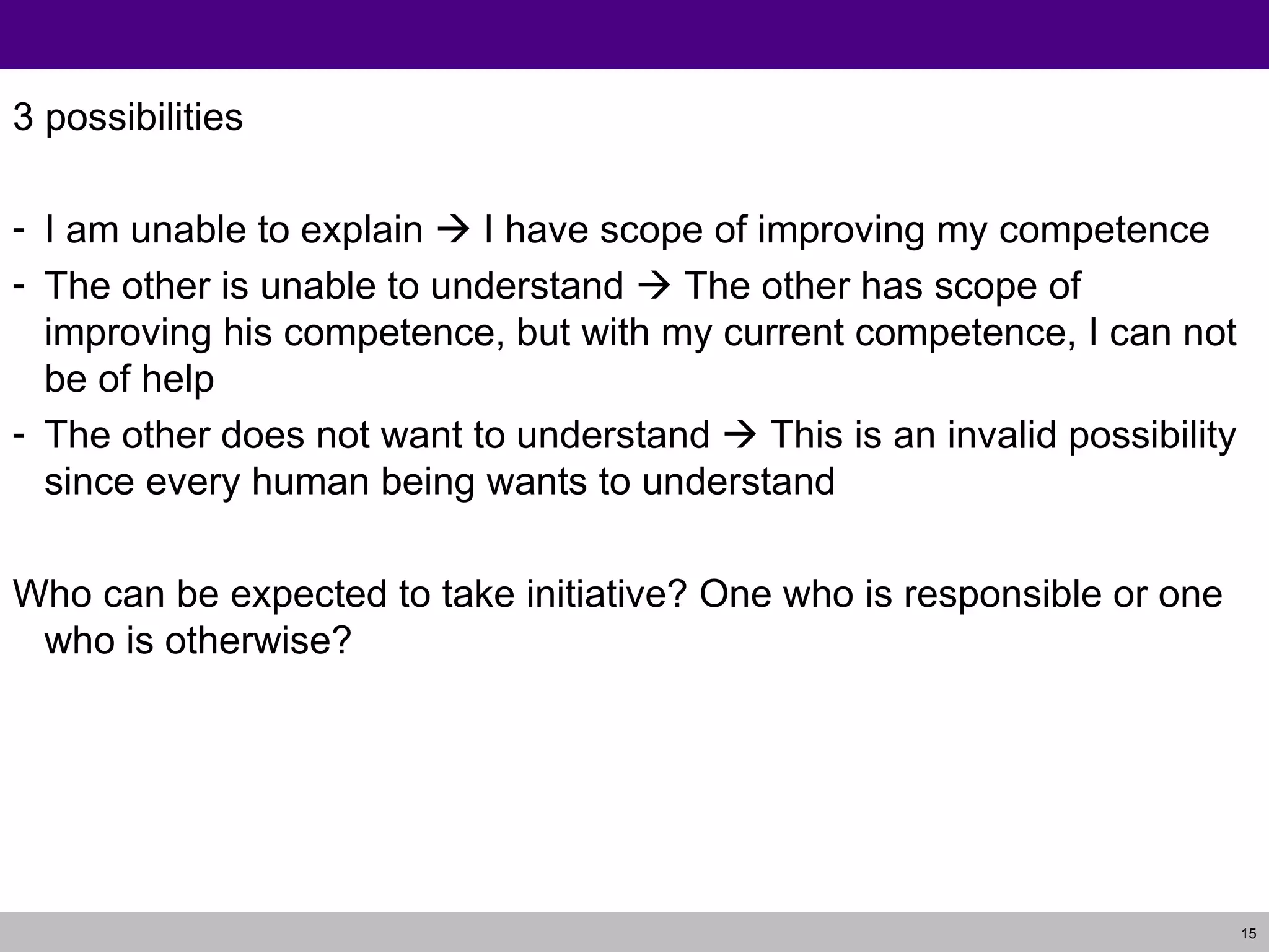 3 possibilities I am unable to explain    I have scope of improving my competence The other is unable to understand    The other has scope of improving his competence, but with my current competence, I can not be of help The other does not want to understand    This is an invalid possibility since every human being wants to understand Who can be expected to take initiative? One who is responsible or one who is otherwise? 