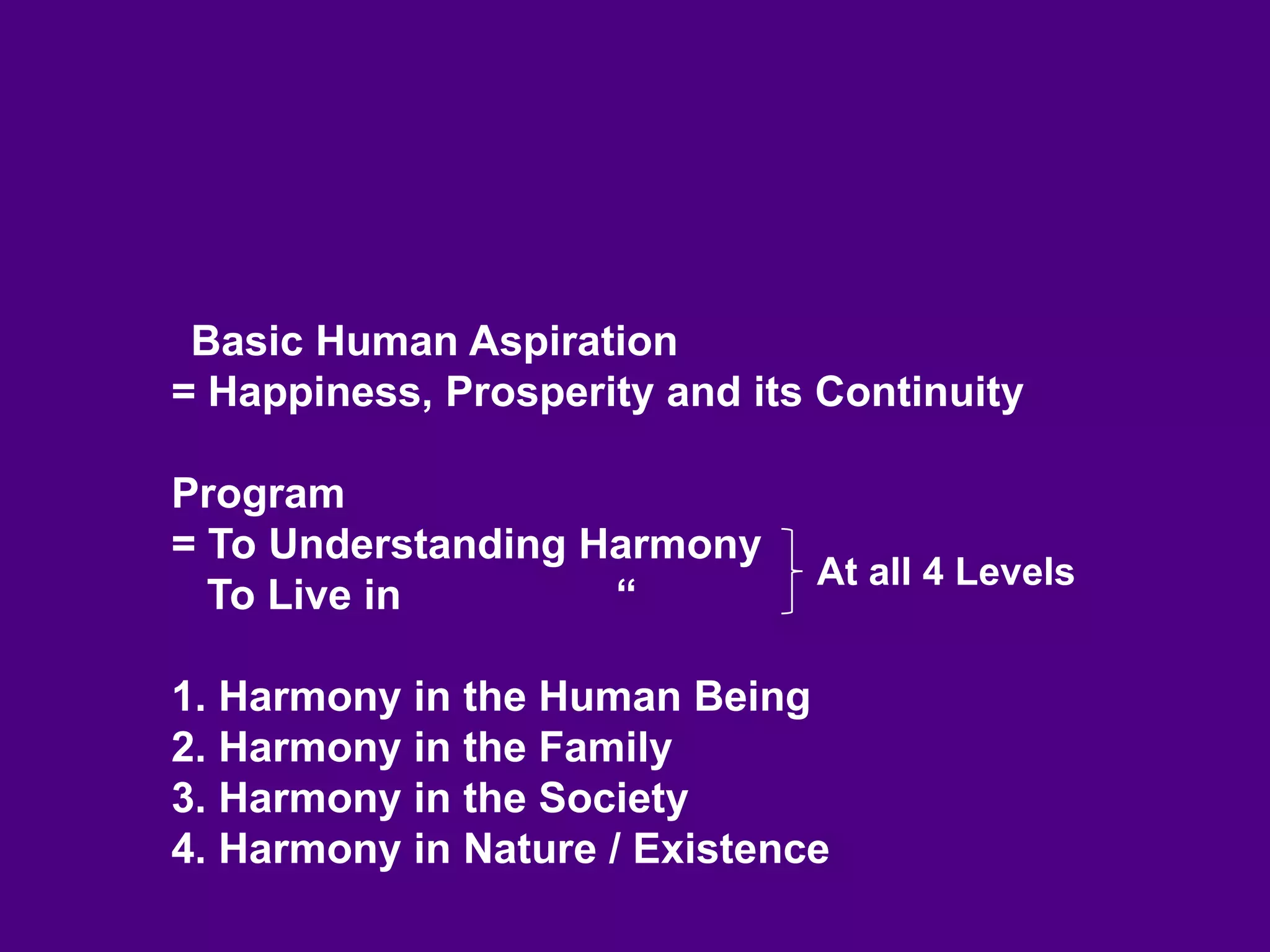 Basic Human Aspiration = Happiness, Prosperity and its Continuity Program = To Understanding Harmony    To Live in  “ 1. Harmony in the Human Being 2. Harmony in the Family 3. Harmony in the Society 4. Harmony in Nature / Existence At all 4 Levels 