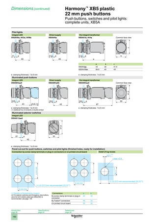 1
2
3
4
5
6
7
8
9
10
150
Harmony™
XB5 plastic
22 mm push buttons
Push buttons, switches and pilot lights:
complete units, XB5A
Pilot lights
Integral LED Direct supply Via integral transformer
XB5AVBp, AVGp, AVMp XB5AV6p XB5AV3p, AV4p Common face view
a b c
XB5AVpp 43 30 41.5
XB5AV5Bp 89.6 40 45
e: clamping thickness: 1 to 6 mm e: clamping thickness: 1 to 6 mm
Illuminated push buttons
Integral LED Direct supply Via integral transformer
XB5AW3pp5 XB5AW3p65 XB5AW3pp5 Common face view
e: clamping thickness: 1 to 6 mm
(1) Additional row of contacts or double contact.
e: clamping thickness: 1 to 6 mm
Illuminated selector switches
Integral LED
XB5AK12pp5
e: clamping thickness: 1 to 6 mm
Panel cut-out for push buttons, switches and pilot lights (finished holes, ready for installation)
Connection by screw clamp terminals or plug-in connectors or on printed circuit board Detail of lug recess
(1) Diameter on finished panel or support.
(2) For selector switches and Emergency stop buttons,
use of an anti-rotation plate type ZB5AZ902 is
recommended, see page 146.
Connections a b
By screw clamp terminals or plug-in
connector
40 30
By Faston®
connectors 45 32
On printed circuit board 30 30
43
11 e
43
11,5 e
a
11,5 e b
c
43
13,5 e
23,6 (1) 43
13,5 e
87
13,5 e 30
41,5
43
27 e 30
41,5
a
min
Dimensions (continued)
a
mm
min
b mm min
(1) (2) 22.5 mm recommended (22.30
+0.4
)
b mm min
(1) (2) 22.5 mm recommended (22.30
+0.4
)
r max = 0.8
Introduction:
page 86
Specifications:
page 92
References:
page 98
 