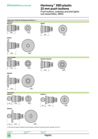 1
2
3
4
5
6
7
8
9
10
154
Harmony™
XB5 plastic
22 mm push buttons
Push buttons, switches and pilot lights:
sub-assemblies, ZB5A
Dimensions (continued)
Mushroom heads for latching push buttons (1)
Push-pull
ZB5AT24 ZB5AT2
ZB5AX2
Turn to release
ZB5AS42 ZB5AS52, ZB5AS55
ZB5AS62
Key release
ZB5AS72 ZB5AS12
ZB5AS22
(1) Red mushroom heads for Emergency stop and Emergency switching off, latching push buttons: see pages 152 and 153.
38,5
38,5 Ø40
38,5 Ø60
34,5
34,5 Ø40
34,5 Ø60
34,5
22 Ø30
34,5
22 Ø40
34,5
22 Ø60
Introduction:
page 86
Specifications:
page 92
References:
page 98
 