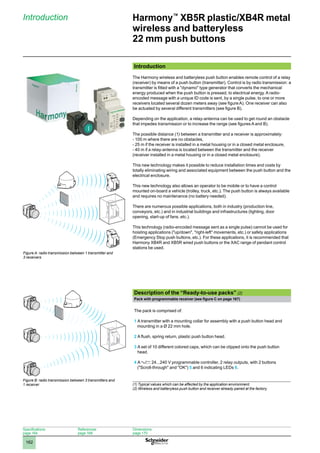 1
2
3
4
5
6
7
8
9
10
162
Harmony™
XB5R plastic/XB4R metal
wireless and batteryless
22 mm push buttons
Introduction
Specifications:
page 164
References:
page 168
Dimensions:
page 170
Introduction
The Harmony wireless and batteryless push button enables remote control of a relay
(receiver) by means of a push button (transmitter). Control is by radio transmission: a
transmitter is fitted with a dynamo type generator that converts the mechanical
energy produced when the push button is pressed, to electrical energy. A radio-
encoded message with a unique ID code is sent, by a single pulse, to one or more
receivers located several dozen meters away (see figure A). One receiver can also
be actuated by several different transmitters (see figure B).
Depending on the application, a relay-antenna can be used to get round an obstacle
that impedes transmission or to increase the range (see figures A and B).
The possible distance (1) between a transmitter and a receiver is approximately:
- 100 m where there are no obstacles,
- 25 m if the receiver is installed in a metal housing or in a closed metal enclosure,
- 40 m if a relay-antenna is located between the transmitter and the receiver
(receiver installed in a metal housing or in a closed metal enclosure).
This new technology makes it possible to reduce installation times and costs by
totally eliminating wiring and associated equipment between the push button and the
electrical enclosure.
This new technology also allows an operator to be mobile or to have a control
mounted on-board a vehicle (trolley, truck, etc.). The push button is always available
and requires no maintenance (no battery needed).
There are numerous possible applications, both in industry (production line,
conveyors, etc.) and in industrial buildings and infrastructures (lighting, door
opening, start-up of fans, etc.).
This technology (radio-encoded message sent as a single pulse) cannot be used for
hoisting applications (up/down, right-left movements, etc.) or safety applications
(Emergency Stop push buttons, etc.). For these applications, it is recommended that
Harmony XB4R and XB5R wired push buttons or the XAC range of pendant control
stations be used.
Description of the “Ready-to-use packs” (2)
Pack with programmable receiver (see figure C on page 167)
The pack is comprised of:
1 A transmitter with a mounting collar for assembly with a push button head and
mounting in a Ø 22 mm hole.
2 A flush, spring return, plastic push button head.
3 A set of 10 different colored caps, which can be clipped onto the push button
head.
4 A a/c 24...240 V programmable controller, 2 relay outputs, with 2 buttons
(Scroll-through and OK) 5 and 6 indicating LEDs 6.
(1)	Typical values which can be affected by the application environment.
(2)	Wireless and batteryless push button and receiver already paired at the factory.
Figure A: radio transmission between 1 transmitter and
3 receivers
Figure B: radio transmission between 3 transmitters and
1 receiver
 