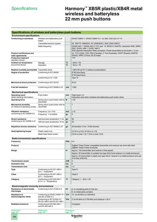 1
2
3
4
5
6
7
8
9
10
164
Harmony™
XB5R plastic/XB4R metal
wireless and batteryless
22 mm push buttons
Specifications
Introduction:
page 162
References:
page 168
Dimensions:
page 170
Specifications of wireless and batteryless push buttons
Environment specifications
Conforming to standards Wireless and batteryless push
button
EN/IEC 60947-1, EN/IEC 60947-5-1, UL 508, CSA C22-2 n°14
Transmitter/receiver system e : RTTE 1999/5/EC, BT 2006/95/EC, EMC 2004/108/EC
Radio frequency EN300-440-1, EN300-440-2, FCC part. 15, RSS210, ANATEL (resolution 506), SRRC,
EMC: EN301-489-1, EN301-489-3
SAR (Specific Absorption Rate) compliant. Power transmitted by the button  3 mw
Product certifications and
radio agreements
UL, FCC (USA), CSA, RSS (Canada), C-Tick (Australia), GOST (Russia), ANATEL
(Brazil), SRRC (China), e (Europe)
Protective treatment
standard version
“TH”
Ambient air temperature
around the device
Storage °C - 40 to + 70
Operation °C - 25 to + 70
Relative humidity permissible Transmitter block + 95% RH at 70° C (without condensation)
Degree of protection Conforming to IEC 60529 IP 65 (front face)
IP 30 (back face)
Conforming to UL / CSA Type 12
Mechanical shock protection Conforming to IEC 50102 IK 03
Free fall resistance Conforming to IEC 60068-2-32 mm 1 000
Mechanical specifications
Operating travel
(when sending information)
Push button mm Total travel: 4.3
Instruction sent when wireless and batteryless push button clicks
Operating force Spring return push button with its
transmitter
N  25
Mechanical durability
(in millions of operating cycles)
Spring return push button with its
transmitter
1
Vibration resistance
conforming to IEC 60068-2-6
Frequency: 2 to 11Hz mm ± 10
Frequency: 11 to 500Hz gn 5
Shock resistance
conforming to IEC 60068-2-27
Half sine wave acceleration 11 ms gn 50
Half sine wave acceleration 18 ms gn 30
Repetitive shocks resistance Conforming to IEC 60068-2-27 gn 25 (duration: 6 ms - 6 000 shocks)
Head tightening torque Plastic head (nut) 2.2 N.m (± 0.2) / 9.5 lb.in (± 1.8)
Metal head (base screw) 0.8 N.m (max 1.2) / 7.5 lb.in (max 10.6)
Radio transmission specifications
Frequency GHz 2.4
Protocol ZigBee®
Green Power compatible (transmitter and receiver can work with other
ZigBee®
 Green Power products)
Range m Approx. 100 (transmitter and receiver in free space)
Approx. 25 (transmitter in a plastic box type XALD and receiver in a metal enclosure)
Approx. 40 (transmitter in plastic box type XALD, receiver in a metal enclosure and use
of a relay-antenna)
Transmission power mW 3
Activation time ms 2
Transmission time ms  2
Type Conforming to EN 301-489-3
§ 4.1 - Equipment
Type III
Class Conforming to EN 301-489-3
§ 6.1 - Equipment
Class 2
Category Conforming to EN 300-440-1
§ 5.4.1.2 - Temperature
°C Category 1: - 20 to + 55
Electromagnetic immunity and emissions
Resistance to electrostatic
discharges
Conforming to IEC 61000-4-2 kV 8: on insulating parts (in free air)
6: on metal parts (contact)
Resistance to
electromagnetic fields
Conforming to EN/IEC 60947-5-1
and IEC 61000-4-3
V/m 10: for 80 MHz to 2 000 MHz
Conforming to IEC 61000-4-3,
EN 301-489-3 and EN 301-489-1
V/m 3: for 80 MHz to 2 700 MHz and distance = 20 m
Radiated emissions Conforming to EN 300-440-1
and EN 300-440-2
Compliant
 