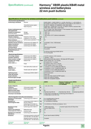 1
2
3
4
5
6
7
8
9
10
165
Harmony™
XB5R plastic/XB4R metal
wireless and batteryless
22 mm push buttons
Specifications (continued)
Introduction:
page 162
References:
page 168
Dimensions:
page 170
Specifications of receiver for wireless and batteryless push buttons (continued)
Environment specifications
Conforming to standards Receiver EN/IEC 60947-1, EN/IEC 60947-5-1, UL 508, CSA C22-2 n° 14, IEC 61000-4-2,
IEC 61000-4-3, IEC 61000-4-4, IEC 61000-4-5, IEC 61000-4-6, IEC 61000-4-11
Transmitter/receiver system e: RTTE 1999/5/EC, BT 2006/95/EC, EMC 2004/108/EC
Radio frequency EN300-440-1, EN300-440-2, FCC part. 15, RSS210, ANATEL (resolution 506),
SRRC, EMC: EN301-489-1, EN301-489-3
Product certifications and
radio agreements
UL, FCC (USA), CSA, RSS (Canada), C-Tick (Australia), GOST (Russia), ANATEL
(Brazil), SRRC (China), e (Europe)
Ambient air temperature
around the device
Storage °C - 40 to + 70
Operation °C - 25 to + 55
Permissible relative humidity + 90 % RH at + 55 °C (without condensation)
Vibration resistance
conforming to IEC 60068-2-6
Frequency: 5 to 8.14 Hz mm ± 7.5
Frequency: 8.14 to 150 Hz gn 2
Shock resistance
conforming to IEC 60068-2-27
Half sine wave acceleration:11 ms gn 30
Repetitive shocks resistance Conforming to IEC 60068-2-27 gn 10 (duration: 16 ms - 6 000 shocks)
Degree of protection Conforming to IEC 60529 IP 20
Degree of pollution Conforming to IEC 60664-1 2
Housing material Self-extinguishing plastic
Mounting position without
derating (temperature)
Any position
Mounting On DIN rail conforming to EN/IEC 60715
On mounting plate
Electrical specifications
Overvoltage category Conforming to IEC 60664-1 II (AC/DC receiver), III (DC receiver)
Insulation resistance Conforming to NFC 20030  500 MΩ, c 500 V
Rated insulation voltage Conforming to IEC 60664-1 V 250 (receivers with relay outputs),  60 (relay with PNP outputs)
Insulation test voltage
conforming to
EN/IEC 60947-5-1
Dielectric test Hz/KV AC/DC receiver: 50 / 1.5 (1 minute)
DC receiver: 50 / 1 (1 minute)
Surge kV DC receiver: Uimp = 0.8 (1.2 / 50 µs)
AC/DC receiver: Uimp = 4 (1.2 / 50 µs)
Cabling
Maximum c.s.a.
conforming to
EN/IEC 60947-1
Solid cable without cable end mm2
1 conductor: 0.14 to 2.5 (AWG 26 to AWG 14)
2 conductors: 0.14 to 1.5 (AWG 26 to AWG 16)
Flexible cable with cable end mm2
1 conductor: 0.14 to 4 (AWG 26 to AWG 12)
2 conductors: 0.14 to 1.5 (AWG 26 to AWG 16)
Tightening torque Conforming to EN/IEC 60947-1 0.5 N.m/4.43 Lbf.In
Power ON indicator Green LED
Output indicators Green LED (relay outputs and PNP outputs )
Received signal strength Green LED: optimum reception
Yellow LED: acceptable reception
Supply specifications
Receiver type ZBRRC Receiver included in packs
XB4RFB01 , XB5RFB01
and XB5RMB03
ZBRRA
Supply voltage Ue V c 24 (+ 20/- 15 %) a/c 24 to 240 (+/- 10 %)
Frequency Of the power supply circuit Hz – 50/60 ± 10 %
Galvanic isolation Power supply/output – Yes
Maximum power drawn W 20  4
Short-circuit protection Fast-blow fuse 400 mA Fast-blow fuse 125 mA Fast-blow fuse 400 mA
Immunity to microbreaks ms 7 (total output current 800 mA)
10 (total output current 500 mA)
Conforming to IEC 61000-4-11
Electromagnetic immunity and emissions
Resistance to electrostatic
discharges
Conforming to IEC 61000-4-2 kV 8: on insulating parts (in free air)
6: on metal parts (contact)
Resistance to
electromagnetic fields
Conforming to EN/IEC 60947-5-1
and IEC 61000-4-3
V/m 10: for 80 MHz to 2 000 MHz
Conforming to IEC 61000-4-3,
EN 301-489-3 and EN 301-489-1
V/m 3: for 80 MHz to 2 700 MHz and distance = 20 m
Resistance to fast
transients
Conforming to IEC 61000-4-4 kV 1 (PNP output wires)
2 (power supply wires)
2 (power supply wires and relay wires)
Hybrid surge withstand
conforming to IEC 61000-4-5
Differential mode kV 0.5 1
Common mode kV 1 2
Resistance to conducted
disturbance
Conforming to IEC 61000-4-6 V 10
Emissions Conducted emissions conforming
to EN 300-489-3, EN 300-489-1
As per class B method CISPR22
Radiated emissions conforming
to EN 300-440-1, EN 300-440-2
Compliant
 