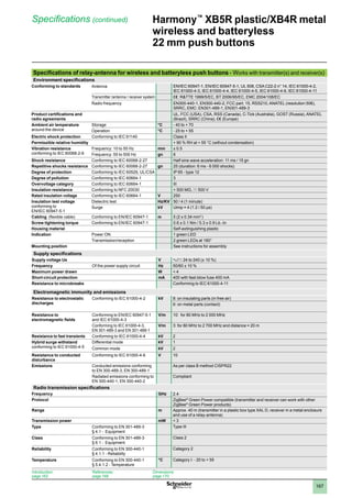1
2
3
4
5
6
7
8
9
10
167
Harmony™
XB5R plastic/XB4R metal
wireless and batteryless
22 mm push buttons
Specifications (continued)
Introduction:
page 162
References:
page 168
Dimensions:
page 170
Specifications of relay-antenna for wireless and batteryless push buttons - Works with transmitter(s) and receiver(s)
Environment specifications
Conforming to standards Antenna EN/IEC 60947-1, EN/IEC 60947-5-1, UL 508, CSA C22-2 n° 14, IEC 61000-4-2,
IEC 61000-4-3, IEC 61000-4-4, IEC 61000-4-5, IEC 61000-4-6, IEC 61000-4-11
Transmitter /antenna / receiver system e: RTTE 1999/5/EC, BT 2006/95/EC, EMC 2004/108/EC
Radio frequency EN300-440-1, EN300-440-2, FCC part. 15, RSS210, ANATEL (resolution 506),
SRRC, EMC: EN301-489-1, EN301-489-3
Product certifications and
radio agreements
UL, FCC (USA), CSA, RSS (Canada), C-Tick (Australia), GOST (Russia), ANATEL
(Brazil), SRRC (China), e (Europe)
Ambient air temperature
around the device
Storage °C - 40 to + 70
Operation °C - 25 to + 55
Electric shock protection Conforming to IEC 61140 Class II
Permissible relative humidity + 90 % RH at + 55 °C (without condensation)
Vibration resistance
conforming to IEC 60068-2-6
Frequency: 10 to 55 Hz mm ± 0.5
Frequency: 55 to 500 Hz gn 6
Shock resistance Conforming to IEC 60068-2-27 Half sine wave acceleration: 11 ms / 15 gn
Repetitive shocks resistance Conforming to IEC 60068-2-27 gn 25 (duration: 6 ms - 6 000 shocks)
Degree of protection Conforming to IEC 60529, UL/CSA IP 65 - type 12
Degree of pollution Conforming to IEC 60664-1 3
Overvoltage category Conforming to IEC 60664-1 III
Insulation resistance Conforming to NFC 20030  500 MΩ, c 500 V
Rated insulation voltage Conforming to IEC 60664-1 V 250
Insulation test voltage
conforming to
EN/IEC 60947-5-1
Dielectric test Hz/KV 50 / 4 (1 minute)
Surge kV Uimp = 4 (1.2 / 50 µs)
Cabling (flexible cable) Conforming to EN/IEC 60947-1 m 5 (2 x 0.34 mm2
)
Screw tightening torque Conforming to EN/IEC 60947-1 0.6 ± 0.1 Nm / 5.3 ± 0.9 Lb.-In
Housing material Self-extinguishing plastic
Indication Power ON 1 green LED
Transmission/reception 2 green LEDs at 180°
Mounting position See instructions for assembly
Supply specifications
Supply voltage Ue V a/c 24 to 240 (± 10 %)
Frequency Of the power supply circuit Hz 50/60 ± 10 %
Maximum power drawn W  4
Short-circuit protection mA 400 with fast-blow fuse 400 mA
Resistance to microbreaks Conforming to IEC 61000-4-11
Electromagnetic immunity and emissions
Resistance to electrostatic
discharges
Conforming to IEC 61000-4-2 kV 8: on insulating parts (in free air)
6: on metal parts (contact)
Resistance to
electromagnetic fields
Conforming to EN/IEC 60947-5-1
and IEC 61000-4-3
V/m 10: for 80 MHz to 2 000 MHz
Conforming to IEC 61000-4-3,
EN 301-489-3 and EN 301-489-1
V/m 3: for 80 MHz to 2 700 MHz and distance = 20 m
Resistance to fast transients Conforming to IEC 61000-4-4 kV 2
Hybrid surge withstand
conforming to IEC 61000-4-5
Differential mode kV 1
Common mode kV 2
Resistance to conducted
disturbance
Conforming to IEC 61000-4-6 V 10
Emissions Conducted emissions conforming
to EN 300-489-3, EN 300-489-1
As per class B method CISPR22
Radiated emissions conforming to
EN 300-440-1, EN 300-440-2
Compliant
Radio transmission specifications
Frequency GHz 2.4
Protocol ZigBee®
Green Power compatible (transmitter and receiver can work with other
ZigBee®
 Green Power products)
Range m Approx. 40 m (transmitter in a plastic box type XAL D, receiver in a metal enclosure
and use of a relay-antenna)
Transmission power mW  3
Type Conforming to EN 301-489-3
§ 4.1 - Equipment
Type III
Class Conforming to EN 301-489-3
§ 6.1 - Equipment
Class 2
Reliability Conforming to EN 300-440-1
§ 4.1.1 - Reliability
Category 2
Temperature Conforming to EN 300-440-1
§ 5.4.1.2 - Temperature
°C Category I: - 20 to + 55
 