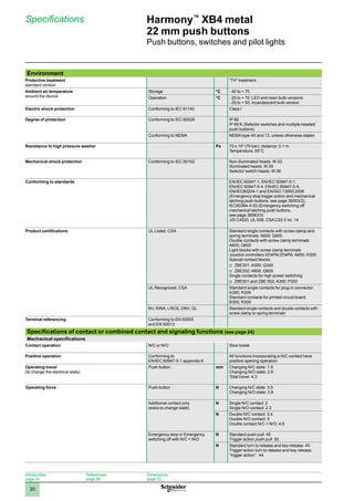 1
2
3
4
5
6
7
8
9
10
20
Harmony™
XB4 metal
22 mm push buttons
Push buttons, switches and pilot lights
Specifications
Environment
Protective treatment
standard version
“TH” treatment
Ambient air temperature
around the device
Storage °C - 40 to + 70
Operation °C - 25 to + 70: LED and neon bulb versions
- 25 to + 55: incandescent bulb version
Electric shock protection Conforming to IEC 61140 Class I
Degree of protection Conforming to IEC 60529 IP 66
IP 69 K (Selector switches and multiple-headed
push buttons)
Conforming to NEMA NEMA type 4X and 13, unless otherwise stated
Resistance to high pressure washer Pa 70 x 105
(70 bar); distance: 0.1 m
Temperature: 55°C
Mechanical shock protection Conforming to IEC 50102 Non-illuminated heads: IK 03
Illuminated heads: IK 05
Selector switch heads: IK 06
Conforming to standards EN/IEC 60947-1, EN/IEC 60947-5-1,
EN/IEC 60947-5-4, EN/IEC 60947-5-5,
EN/IEC60204-1 and EN/ISO 13850:2006
(Emergency stop trigger action and mechanical
latching push buttons, see page 36063/2),
IEC60364-5-53 (Emergency switching off
mechanical latching push buttons,
see page 36063/3)
JIS C4520, UL 508, CSA C22-2 no. 14
Product certifications UL Listed, CSA Standard single contacts with screw clamp and
spring terminals: A600; Q600
Double contacts with screw clamp terminals:
A600; Q600
Light blocks with screw clamp terminals
Joystick controllers XD4PA/ZD4PA: A600; R300
Special contact blocks:
ZBE201: A300; Q300
v	
ZBE202: A600; Q600
v	
Single contacts for high power switching:
ZBE501 and ZBE 502: A300; P300
v	
UL Recognized, CSA Standard single contacts for plug-in connector:
A300; R300
Standard contacts for printed circuit board:
B300; R300
BV, RINA, LROS, DNV, GL Standard single contacts and double contacts with
screw clamp or spring terminals:
Terminal referencing Conforming to EN 50005
and EN 50013
Specifications of contact or combined contact and signaling functions (see page 24)
Mechanical specifications
Contact operation N/C or N/O Slow break
Positive operation Conforming to
EN/IEC 60947-5-1 appendix K
All functions incorporating a N/C contact have
positive opening operation
Operating travel
(to change the electrical state)
Push button mm Changing N/C state: 1.5
Changing N/O state: 2.6
Total travel: 4.3
Operating force Push button N Changing N/C state: 3.5
Changing N/O state: 3.8
Additional contact only
(extra to change state)
N Single N/C contact: 2
Single N/O contact: 2.3
N Double N/C contact: 3.4
Double N/O contact: 5
Double contact N/C + N/O: 4.6
Emergency stop or Emergency
switching off with N/C + N/O
N Standard push-pull: 45
Trigger action push-pull: 50
N Standard turn to release and key release: 40
Trigger action turn to release and key release,
“trigger action”: 44
Introduction:
page 14
References:
page 26
Dimensions:
page 72
 